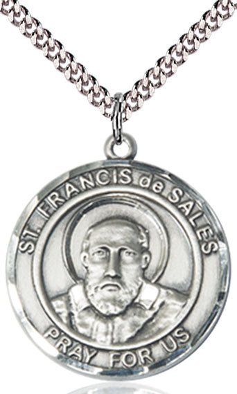 Extel Large Round Pewter St. Francis de Sales Medal Pendant Necklace with 24" Chain, Made in USA