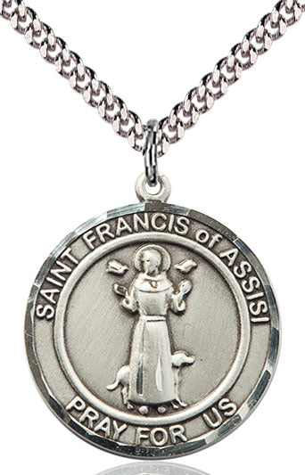 Extel Large Round Pewter St. Francis of Assisi Medal Pendant Necklace with 24" Chain, Made in USA