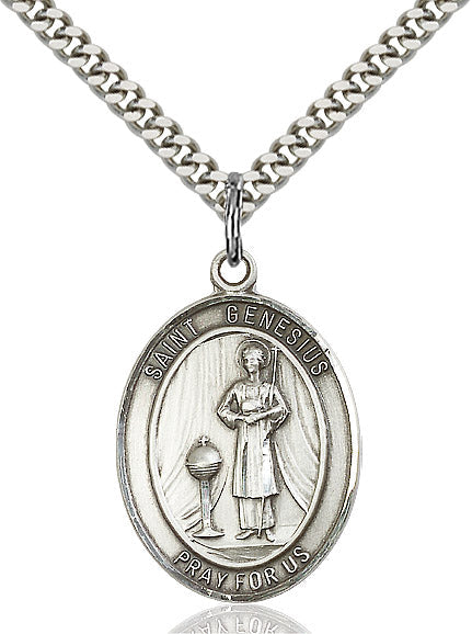 Extel Large Oval Sterling Silver St. Genesius of Rome Pendant with 24" chain, Made in USA