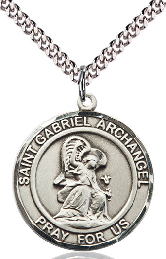 Extel Large Round Pewter St. Gabriel the Archangel Medal Pendant Necklace with 24" Chain, Made in USA