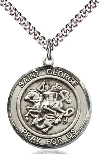 Extel Large Round Pewter St. George Medal Pendant Necklace with 24" Chain, Made in USA