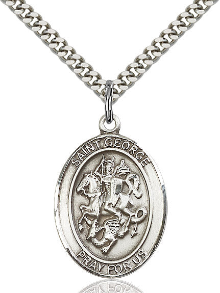 Extel Large Oval Sterling Silver St. George Pendant with 24" chain, Made in USA