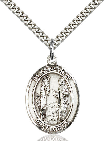 Extel Large Oval Sterling Silver St. Genevieve Pendant with 24" chain, Made in USA