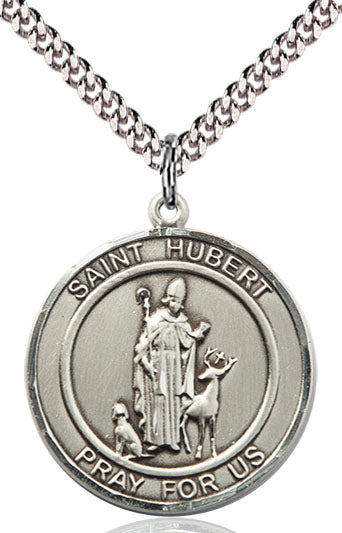 Extel Large Round Pewter St. Hubert of Liege Medal Pendant Necklace with 24" Chain, Made in USA