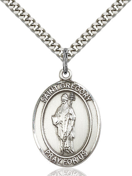 Extel Large Oval Sterling Silver St. Gregory the Great Pendant with 24" chain, Made in USA