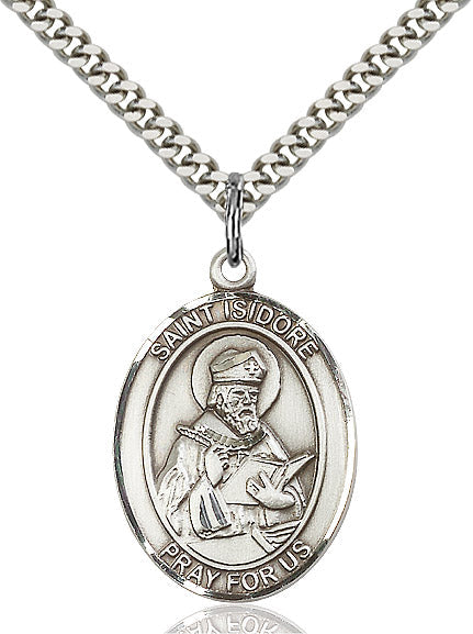 Extel Large Oval Sterling Silver St. Isidore of Seville Pendant with 24" chain, Made in USA