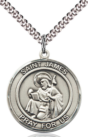 Extel Large Round Pewter St. James the Greater Medal Pendant Necklace with 24" Chain, Made in USA