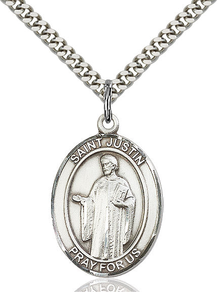 Extel Large Oval Sterling Silver St. Justin Pendant with 24" chain, Made in USA