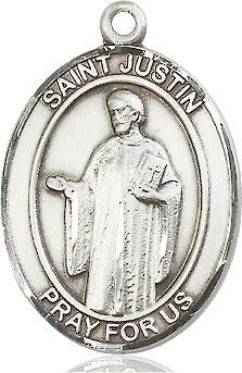 Extel Large Oval Sterling Silver St. Justin Pendant with 24" chain, Made in USA