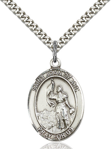 Extel Large Oval Sterling Silver St. Joan of Arc Pendant with 24" chain, Made in USA