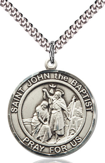 Extel Large Round Pewter St. John the Baptist Medal Pendant Necklace with 24" Chain, Made in USA