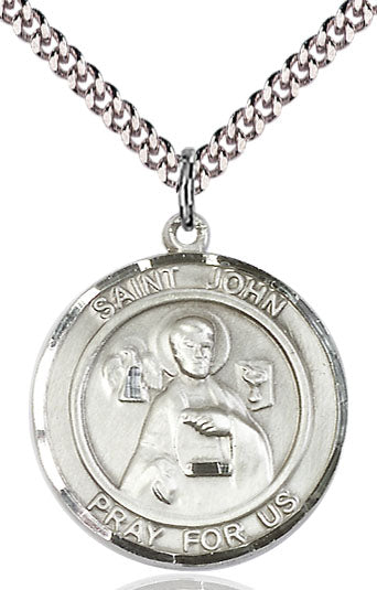Extel Large Round Pewter St. John the Apostle Medal Pendant Necklace with 24" Chain, Made in USA