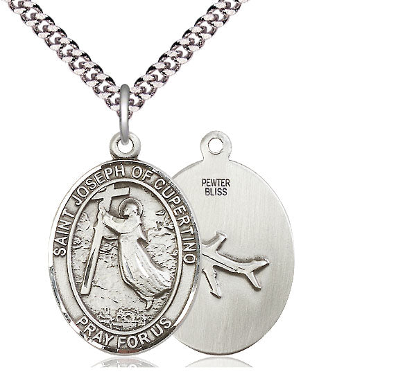 Extel Large Oval Pewter St. Joseph of Cupertino Pendant with 24" chain, Made in USA