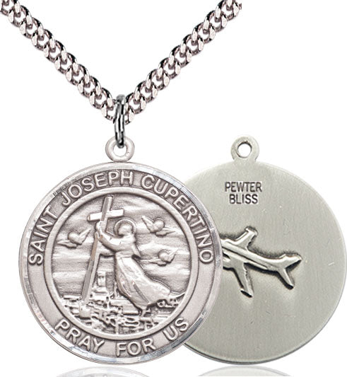 Extel Large Round Pewter St. Joseph of Cupertino Medal Pendant Necklace with 24" Chain, Made in USA