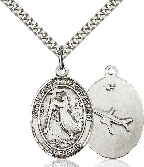 Extel Large Oval Sterling Silver St. Joseph of Cupertino Pendant with 24" chain, Made in USA