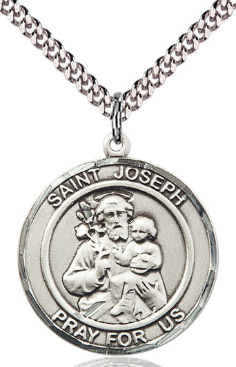 Extel Large Round Pewter St. Joseph Medal Pendant Necklace with 24" Chain, Made in USA