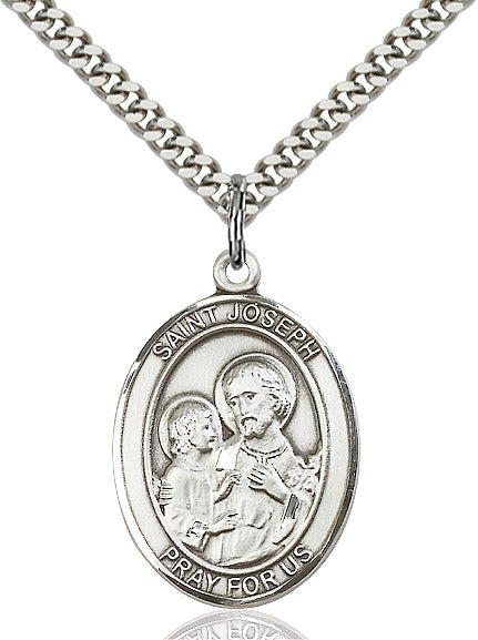Extel Large Oval Sterling Silver St. Joseph Pendant with 24" chain, Made in USA