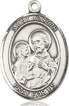 Extel Large Oval Sterling Silver St. Joseph Pendant with 24" chain, Made in USA