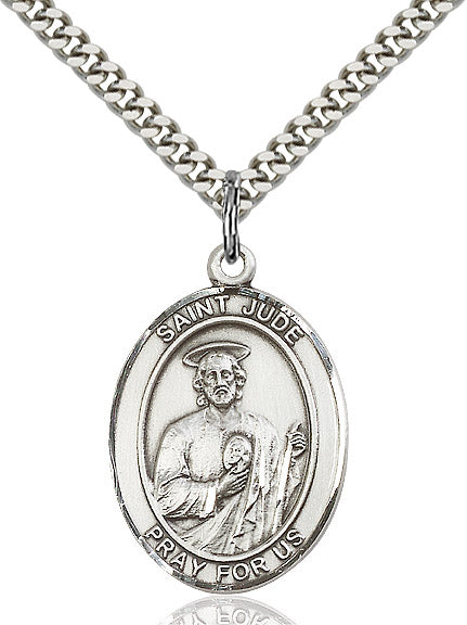 Extel Large Oval Sterling Silver St. Jude Pendant with 24" chain, Made in USA