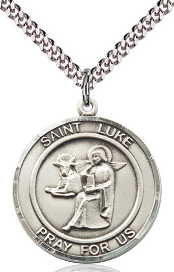 Extel Large Round Pewter St. Luke the Apostle Medal Pendant Necklace with 24" Chain, Made in USA
