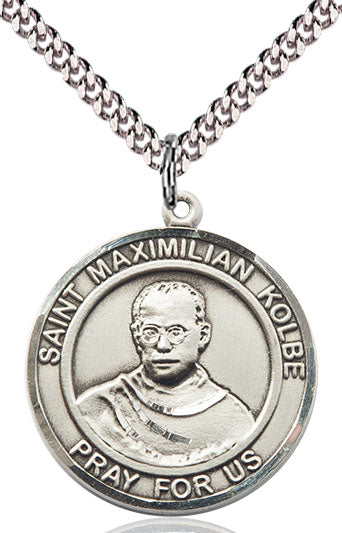 Extel Large Round Pewter St. Maximilian Kolbe Medal Pendant Necklace with 24" Chain, Made in USA