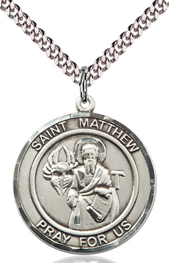 Extel Large Round Pewter St. Matthew the Apostle Medal Pendant Necklace with 24" Chain, Made in USA