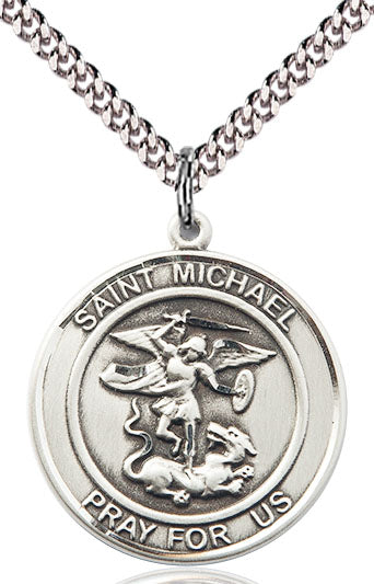 Extel Large Round Pewter St. Michael the Archangel Medal Pendant Necklace with 24" Chain, Made in USA