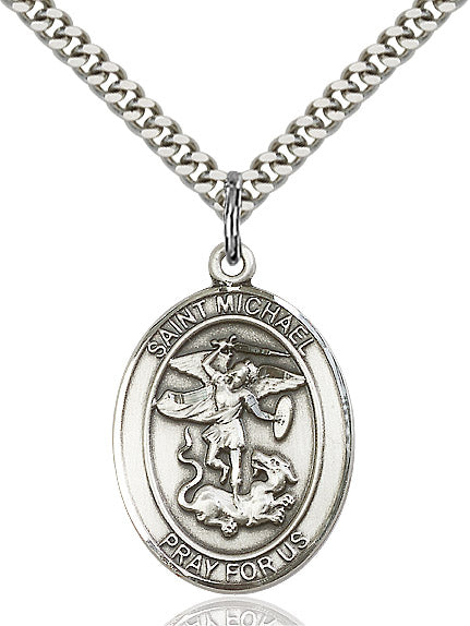 Extel Large Oval Sterling Silver St. Michael the Archangel  with 24" chain, Made in USA