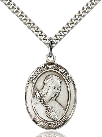 Extel Large Oval Sterling Silver St. Philomena Pendant with 24" chain, Made in USA