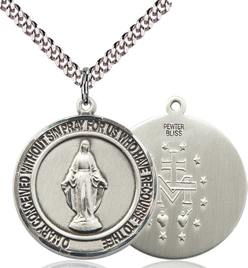 Extel Medium Round Pewter Miraculous Medal Pendant Necklace with 18" Chain, Made in USA