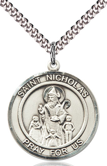 Extel Large Round Pewter St. Nicholas Medal Pendant Necklace with 24" Chain, Made in USA