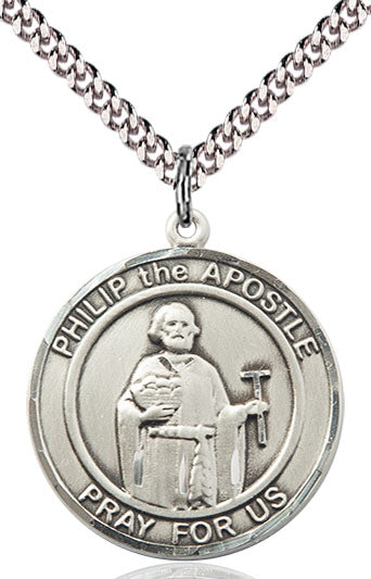 Extel Large Round Pewter Philip the Apostle Medal Pendant Necklace with 24" Chain, Made in USA