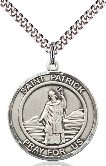 Extel Large Round Pewter St. Patrick Medal Pendant Necklace with 24" Chain, Made in USA