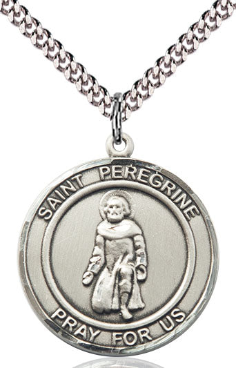 Extel Large Round Pewter St. Peregrine Medal Pendant Necklace with 24" Chain, Made in USA