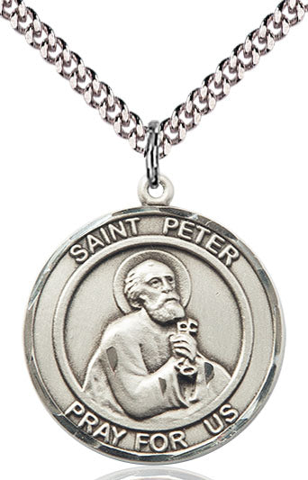 Extel Large Round Pewter St. Peter the Apostle Medal Pendant Necklace with 24" Chain, Made in USA