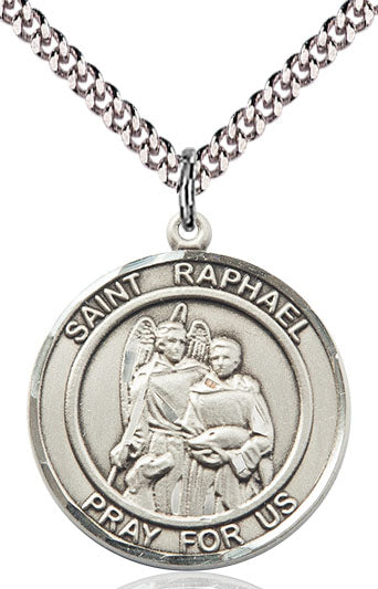 Extel Large Round Pewter St. Raphael the Archangel Medal Pendant Necklace with 24" Chain, Made in USA
