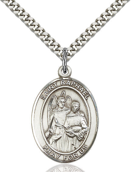 Extel Large Oval Sterling Silver St. Raphael the Archangel Pendant with 24" chain, Made in USA