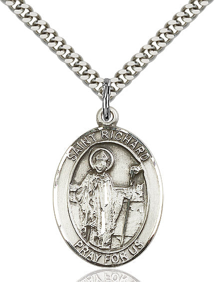 Extel Large Oval Sterling Silver St. Richard Pendant with 24" chain, Made in USA
