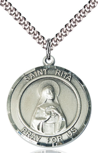 Extel Large Round Pewter St. Rita of Cascia Medal Pendant Necklace with 24" Chain, Made in USA