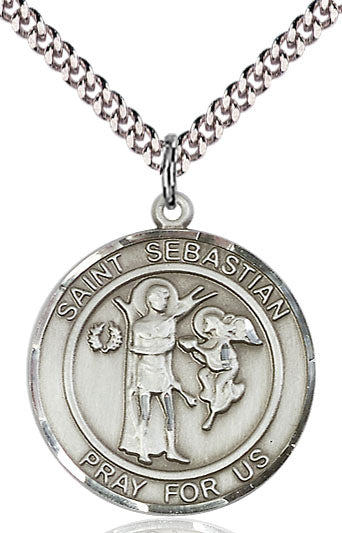 Extel Large Round Pewter St. Sebastian Medal Pendant Necklace with 24" Chain, Made in USA