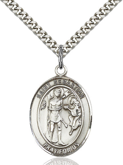 Extel Large Oval Sterling Silver St. Sebastian Pendant with 24" chain, Made in USA