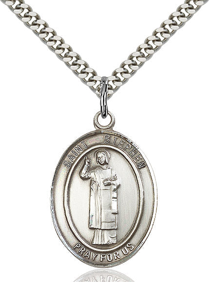 Extel Large Oval Sterling Silver St. Stephen the Martyr Pendant with 24" chain, Made in USA