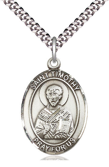 Extel Large Oval Pewter St. Timothy Pendant with 24" chain, Made in USA