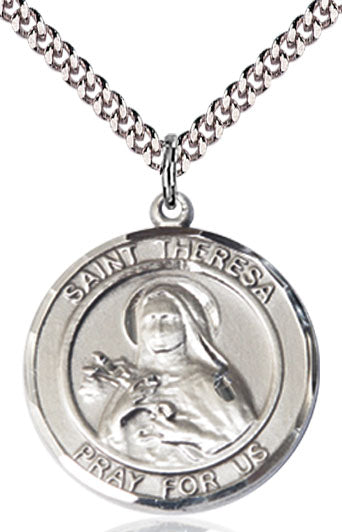Extel Large Round Pewter St. Theresa Medal Pendant Necklace with 24" Chain, Made in USA