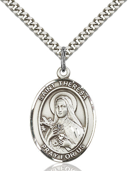 Extel Large Oval Sterling Silver St. Theresa Pendant with 24" chain, Made in USA