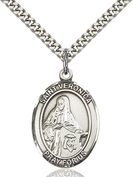 Extel Large Oval Sterling Silver St. Veronica Pendant with 24" chain, Made in USA