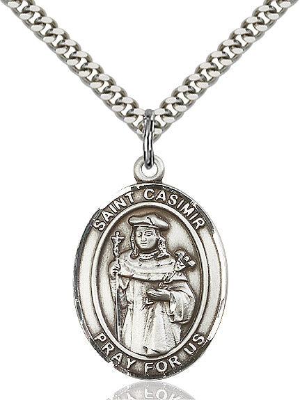 Extel Large Oval Sterling Silver St. Casimir of Poland Pendant with 24" chain, Made in USA