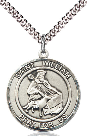 Extel Large Round Pewter St. William of Rochester Medal Pendant Necklace with 24" Chain, Made in USA