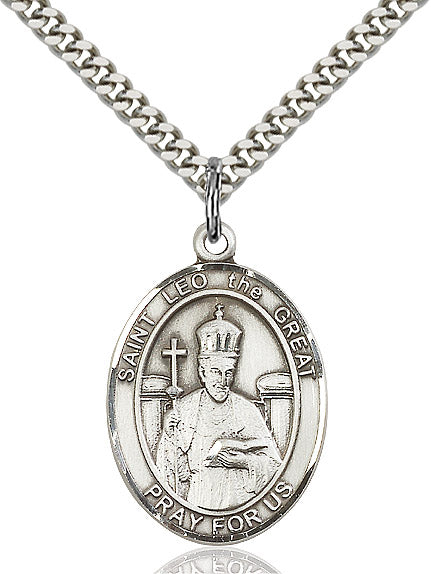 Extel Large Oval Sterling Silver St. Leo the Great Pendant with 24" chain, Made in USA