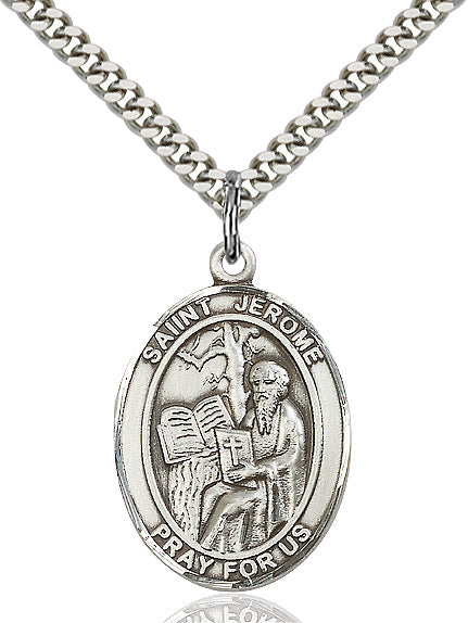 Extel Large Oval Sterling Silver St. Jerome Pendant with 24" chain, Made in USA